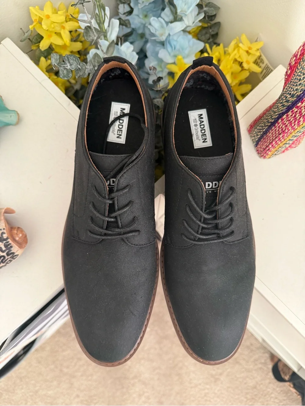 Steve Madden Black Suede Derby Shoes with Tan Welt